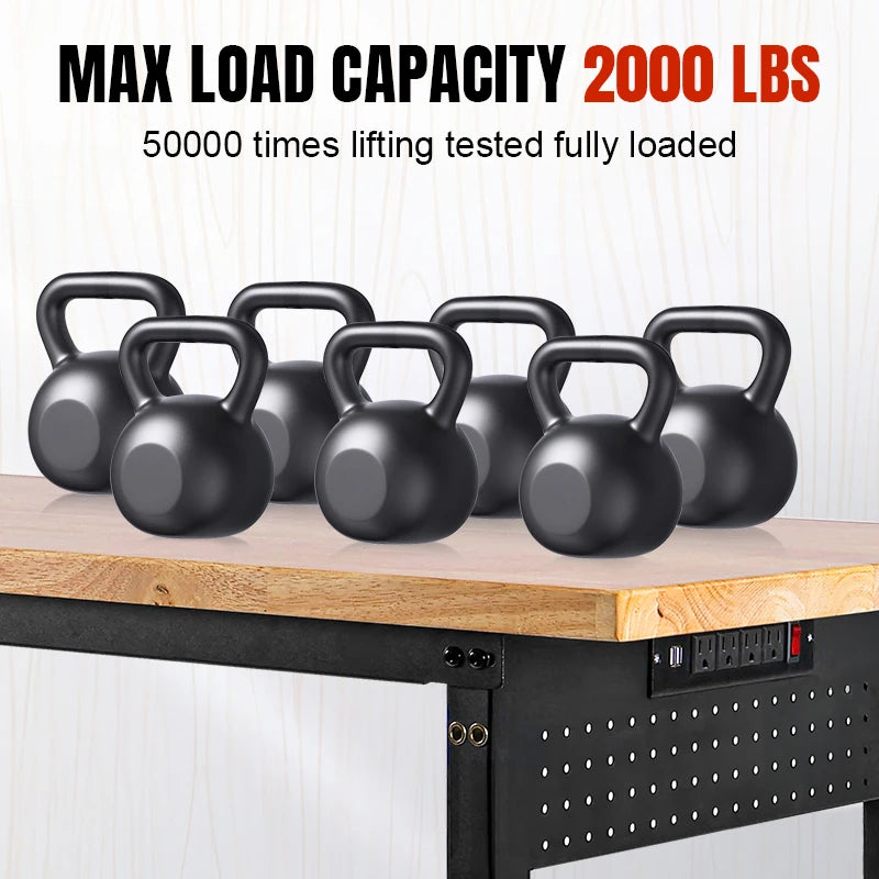 60”×22” Heavy-Duty Workbench with Wheels,Adjustable Worktable 2000 LBS Load Capacity Rubber Wood Table Work Bench for Garage