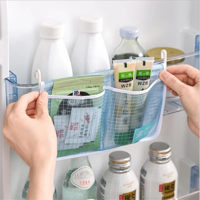 1Pcs Refrigerator Storage Mesh Bag Double Compartment Hanging Pouch Kitchen Organizer Pockets with Hook Washable Fridge Net Bag